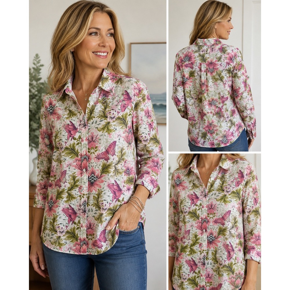 Cino Womens Pink Floral Butterfly Print Cotton Roll Tab Button Down Shirt Medium